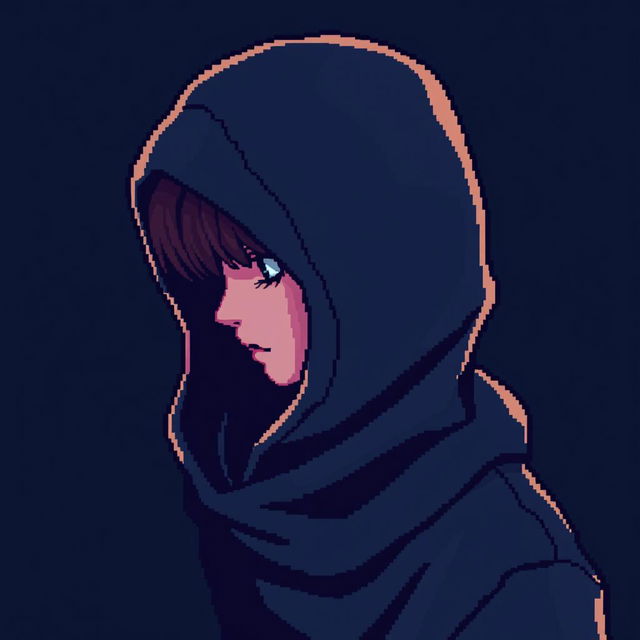 A pixel art illustration of a main character, featuring a hooded teenager