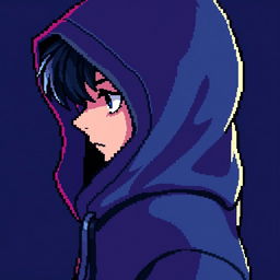 A pixel art illustration of a main character, featuring a hooded teenager