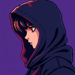 A pixel art illustration of a main character, featuring a hooded teenager