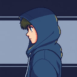 A pixel art illustration of a main character, featuring a hooded teenager