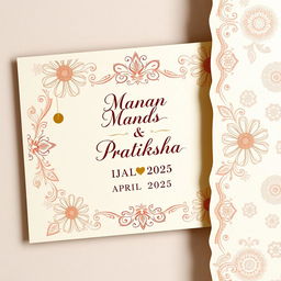 A beautifully designed wedding invitation card for the union of Manan and Pratiksha in April 2025