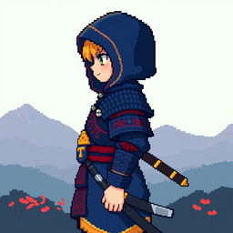 Pixel art of a young hooded samurai character, depicted in profile view, with the hood obscuring the face completely