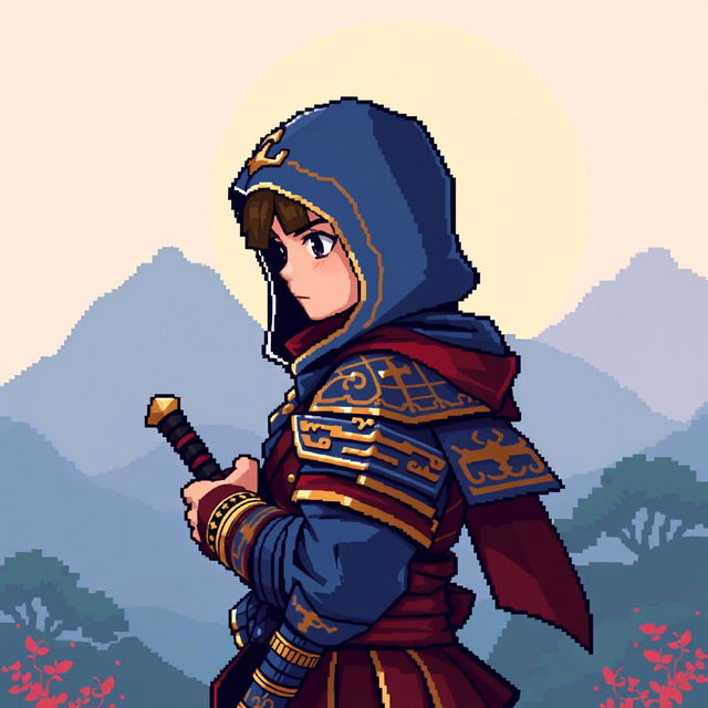 Pixel art of a young hooded samurai character, depicted in profile view, with the hood obscuring the face completely