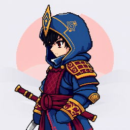 Pixel art of a young hooded samurai character, depicted in profile view, with the hood obscuring the face completely