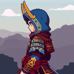 Pixel art of a young hooded samurai character, depicted in profile view, with the hood obscuring the face completely