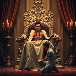 A majestic scene depicting Lionel Messi reclining on a grand king's throne adorned with intricate designs, radiating an aura of royalty and success