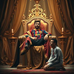 A majestic scene depicting Lionel Messi reclining on a grand king's throne adorned with intricate designs, radiating an aura of royalty and success