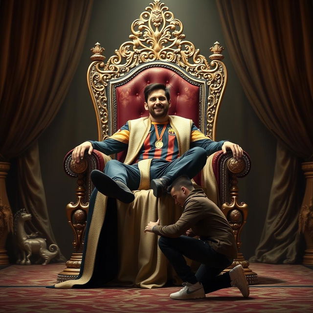 A majestic scene depicting Lionel Messi reclining on a grand king's throne adorned with intricate designs, radiating an aura of royalty and success