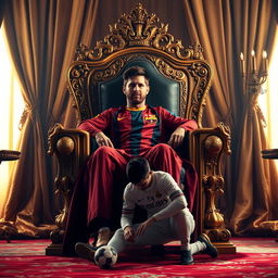 A majestic scene depicting Lionel Messi reclining on a grand king's throne adorned with intricate designs, radiating an aura of royalty and success