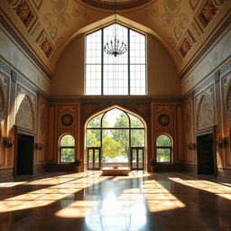 A grand reception hall with a high ceiling, featuring a large window that opens up to a lush green landscape