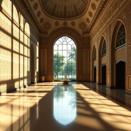 A grand reception hall with a high ceiling, featuring a large window that opens up to a lush green landscape