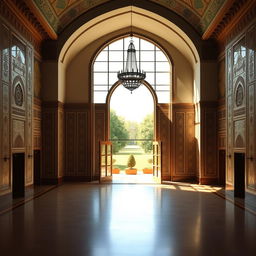 A grand reception hall with a high ceiling, featuring a large window that opens up to a lush green landscape