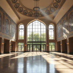 A grand reception hall with a high ceiling, featuring a large window that opens up to a lush green landscape