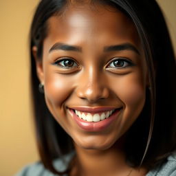 A portrait of a person with a warm smile and bright eyes, the focus is sharply on their facial features while the background is softly blurred to enhance the subject