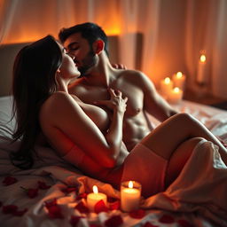 A sensual and intimate scene, featuring a couple embracing in a softly lit bedroom, with warm hues illuminating their bodies