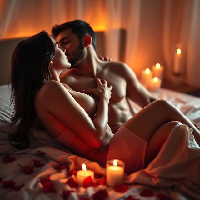 A sensual and intimate scene, featuring a couple embracing in a softly lit bedroom, with warm hues illuminating their bodies