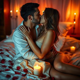 A sensual and intimate scene, featuring a couple embracing in a softly lit bedroom, with warm hues illuminating their bodies