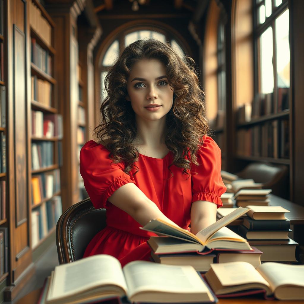 A young woman with beautiful brown curly hair sitting in a cozy library, surrounded by books