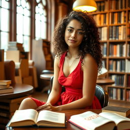 A young woman with beautiful brown curly hair sitting in a cozy library, surrounded by books