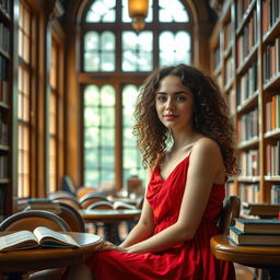 A young woman with beautiful brown curly hair sitting in a cozy library, surrounded by books