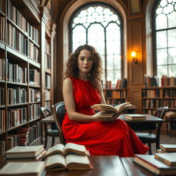 A young woman with beautiful brown curly hair sitting in a cozy library, surrounded by books
