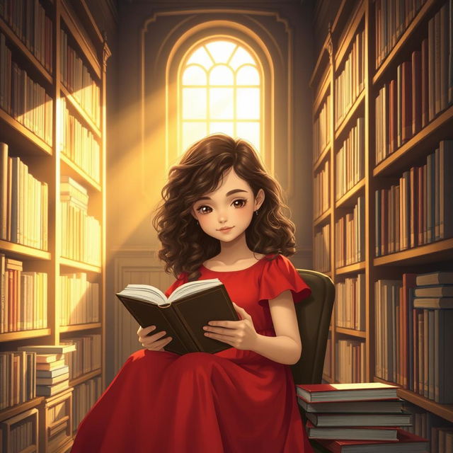 A girl sitting in a cozy library with shelves filled with books around her, wearing a vibrant red dress