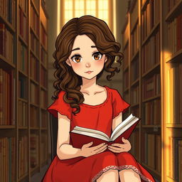 A girl sitting in a cozy library with shelves filled with books around her, wearing a vibrant red dress