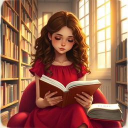 A girl sitting in a cozy library with shelves filled with books around her, wearing a vibrant red dress