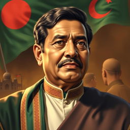 A detailed portrait of Sheikh Mujibur Rahman, the founding leader of Bangladesh, depicting him in traditional Bangladeshi attire, showing a confident and inspirational expression