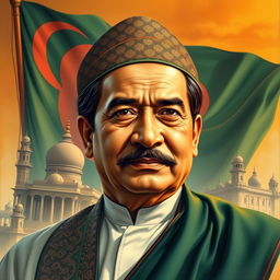 A detailed portrait of Sheikh Mujibur Rahman, the founding leader of Bangladesh, depicting him in traditional Bangladeshi attire, showing a confident and inspirational expression