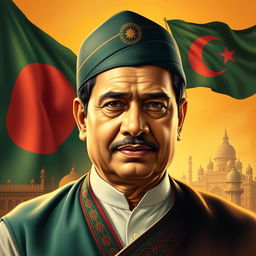 A detailed portrait of Sheikh Mujibur Rahman, the founding leader of Bangladesh, depicting him in traditional Bangladeshi attire, showing a confident and inspirational expression