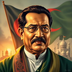 A detailed portrait of Sheikh Mujibur Rahman, the founding leader of Bangladesh, depicting him in traditional Bangladeshi attire, showing a confident and inspirational expression
