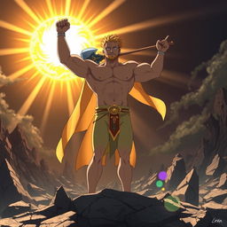 A powerful, victorious depiction of Escanor from the anime 'The Seven Deadly Sins', standing triumphantly on a rocky, destroyed landscape