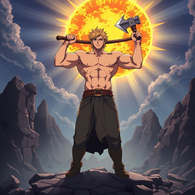 A powerful, victorious depiction of Escanor from the anime 'The Seven Deadly Sins', standing triumphantly on a rocky, destroyed landscape