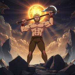 A powerful, victorious depiction of Escanor from the anime 'The Seven Deadly Sins', standing triumphantly on a rocky, destroyed landscape
