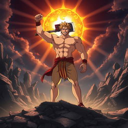 A powerful, victorious depiction of Escanor from the anime 'The Seven Deadly Sins', standing triumphantly on a rocky, destroyed landscape