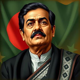 A realistic portrait of Sheikh Mujibur Rahman, the founding leader of Bangladesh, depicted in traditional Bangladeshi attire, wearing a black and white panjabi