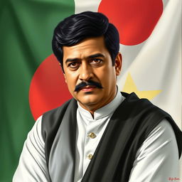 A realistic portrait of Sheikh Mujibur Rahman, the founding leader of Bangladesh, depicted in traditional Bangladeshi attire, wearing a black and white panjabi