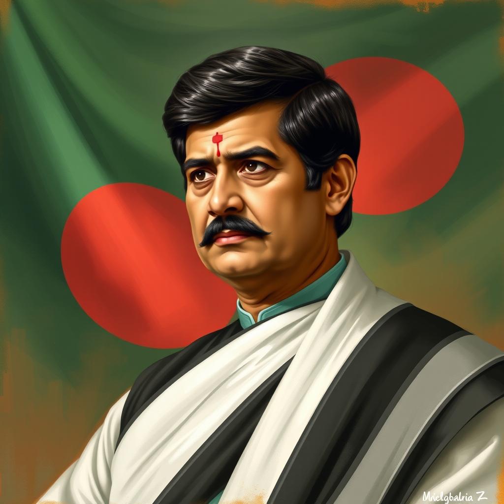 A realistic portrait of Sheikh Mujibur Rahman, the founding leader of Bangladesh, depicted in traditional Bangladeshi attire, wearing a black and white panjabi