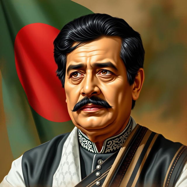 A realistic portrait of Sheikh Mujibur Rahman, the founding leader of Bangladesh, depicted in traditional Bangladeshi attire, wearing a black and white panjabi