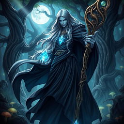 A powerful and mysterious character for a fantasy game, featuring a tall, imposing figure shrouded in a long, dark cloak that billows dramatically in the wind
