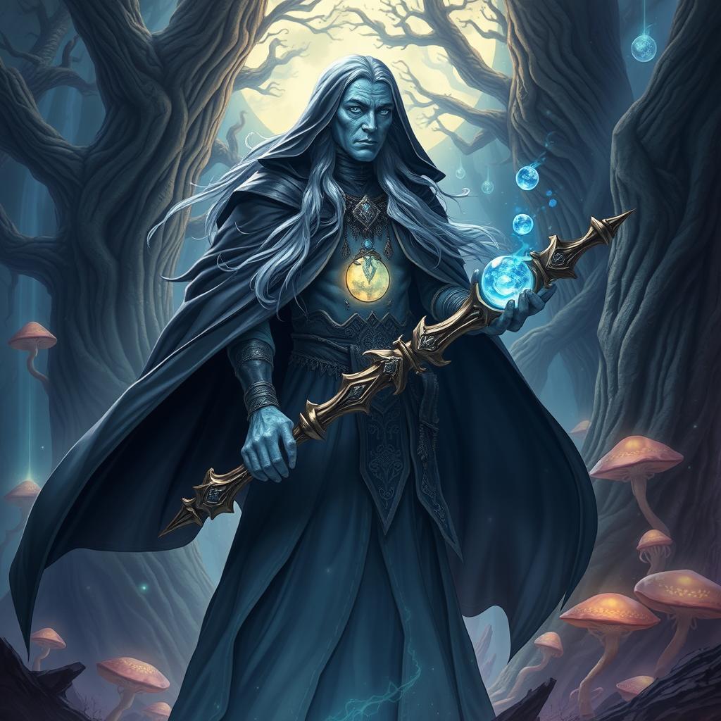 A powerful and mysterious character for a fantasy game, featuring a tall, imposing figure shrouded in a long, dark cloak that billows dramatically in the wind