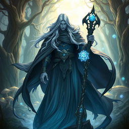 A powerful and mysterious character for a fantasy game, featuring a tall, imposing figure shrouded in a long, dark cloak that billows dramatically in the wind