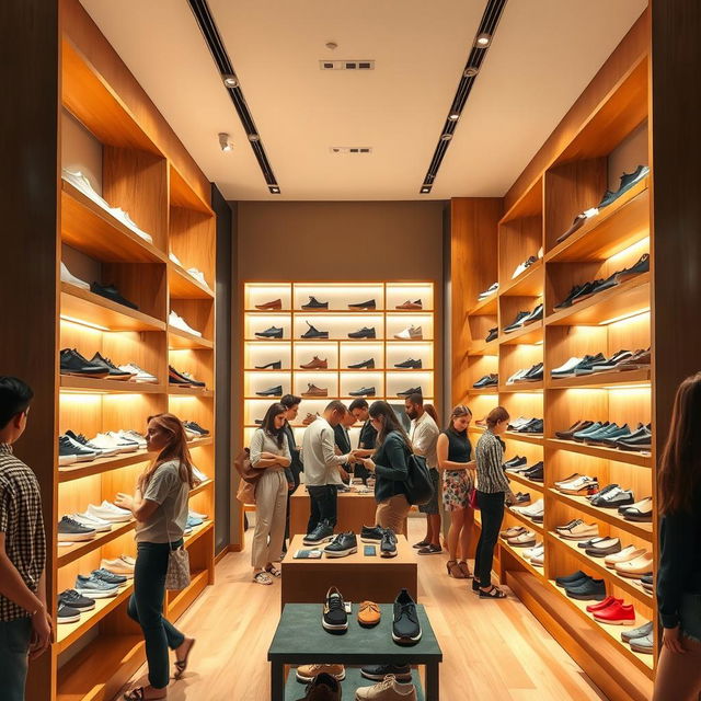 A vibrant and inviting shoe store interior, showcasing an array of stylish footwear displayed on elegant wooden shelves