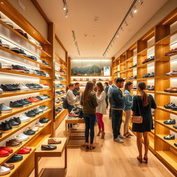 A vibrant and inviting shoe store interior, showcasing an array of stylish footwear displayed on elegant wooden shelves