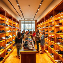 A vibrant and inviting shoe store interior, showcasing an array of stylish footwear displayed on elegant wooden shelves