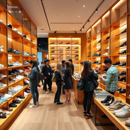A vibrant and inviting shoe store interior, showcasing an array of stylish footwear displayed on elegant wooden shelves