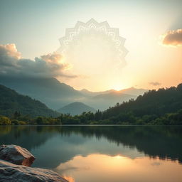 A serene and tranquil landscape that embodies the essence of calm and mindfulness, featuring a peaceful mountain scenery with soft clouds and a gentle sunrise illuminating the sky