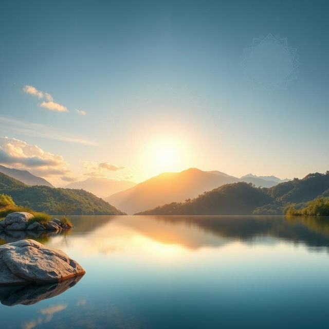 A serene and tranquil landscape that embodies the essence of calm and mindfulness, featuring a peaceful mountain scenery with soft clouds and a gentle sunrise illuminating the sky