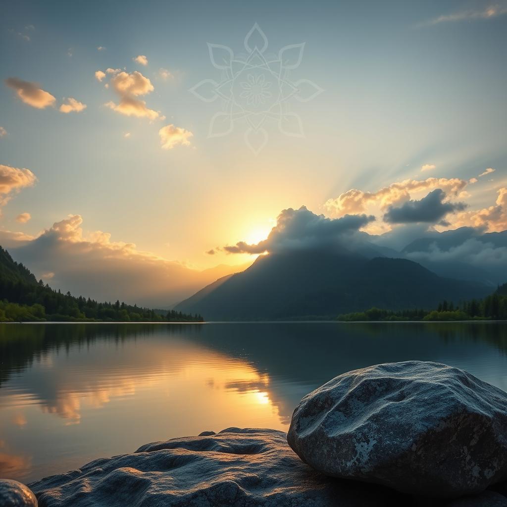 A serene and tranquil landscape that embodies the essence of calm and mindfulness, featuring a peaceful mountain scenery with soft clouds and a gentle sunrise illuminating the sky